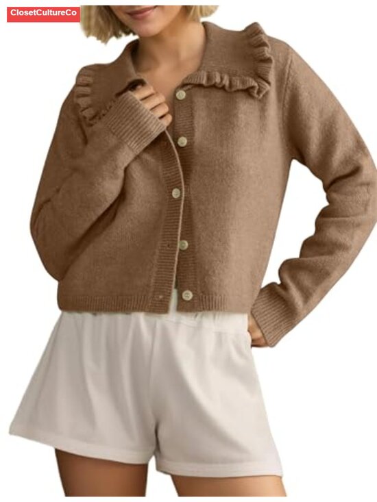Sweaters - Cropped Cardigan Ruffle Collar Button Down Knit Sweater Women